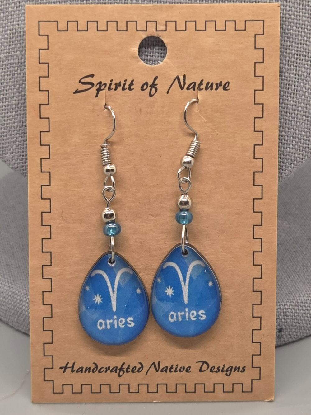 Spirit of Nature Earrings ARIES - Astrological Sign-tear drop -Blue White